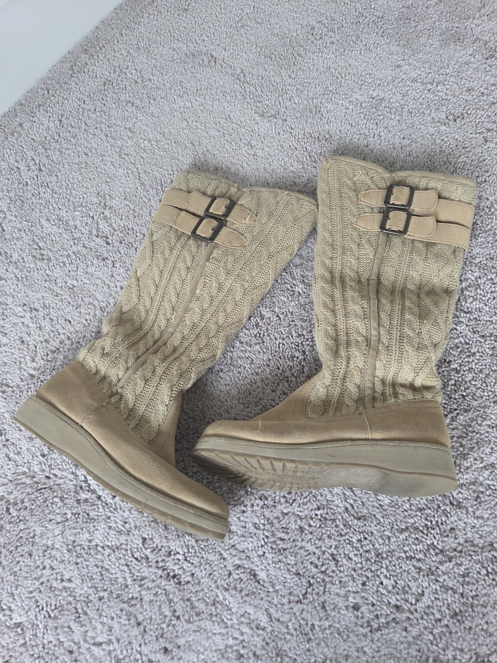 Women's Knit Mid-Calf Buckle Boots in Tan